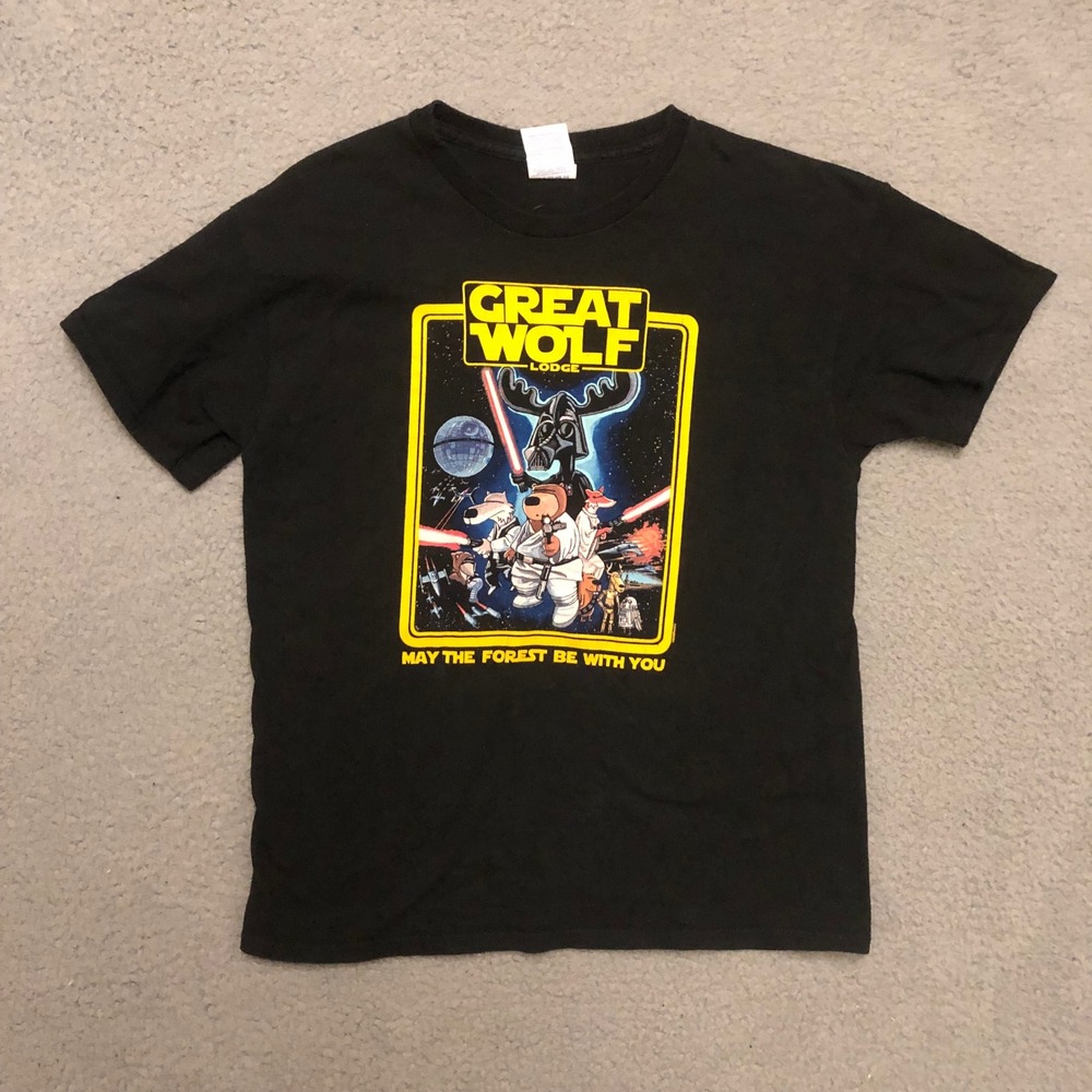 Vtg 2000s Great Wolf Lodge Star Wars Parody T-Shirt Youth Large Black Cotton Tee